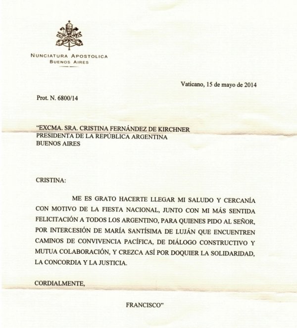 Carta del Papa Francisco a Cristina y los argentinos por el 25 de Mayo