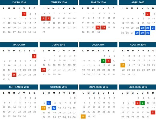 calendario año 2016